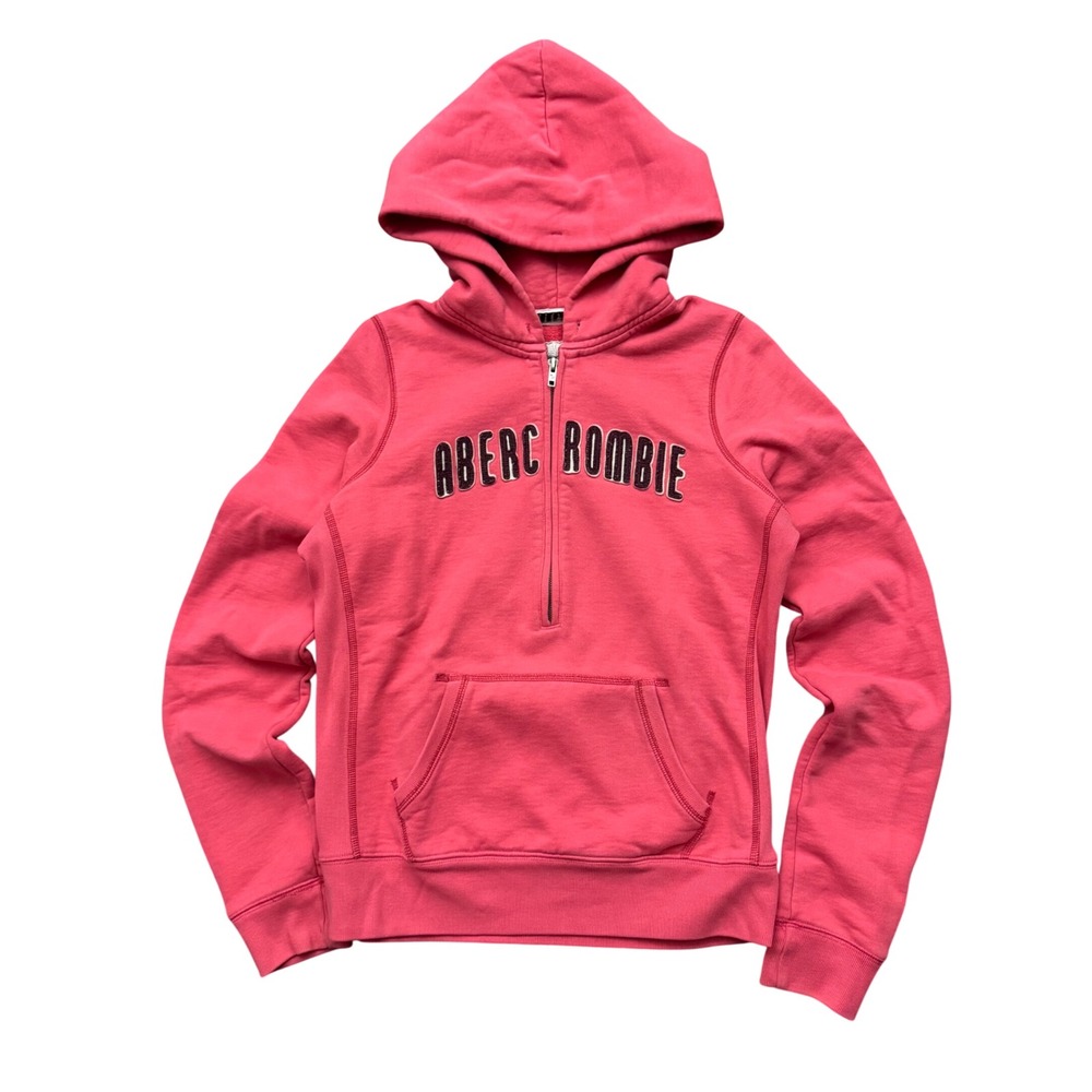 Vintage Y2K Abercrombie & Fitch Pink Quarter Zip Hoodie Spell Out Logo L